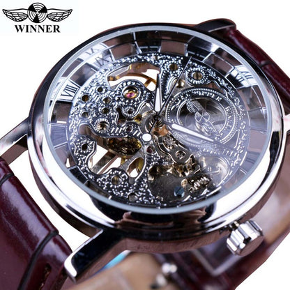 Luxury Transparent Golden Case Casual Design Brown Leather Mens Watche