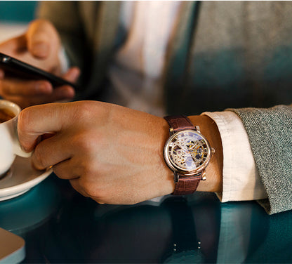 Luxury Transparent Golden Case Casual Design Brown Leather Mens Watche