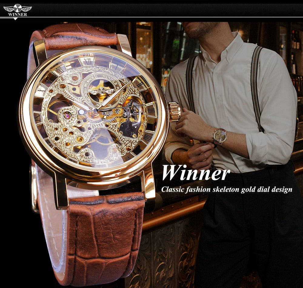 Luxury Transparent Golden Case Casual Design Brown Leather Mens Watche