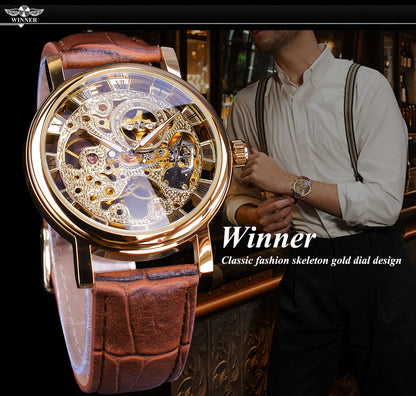 Luxury Transparent Golden Case Casual Design Brown Leather Mens Watche