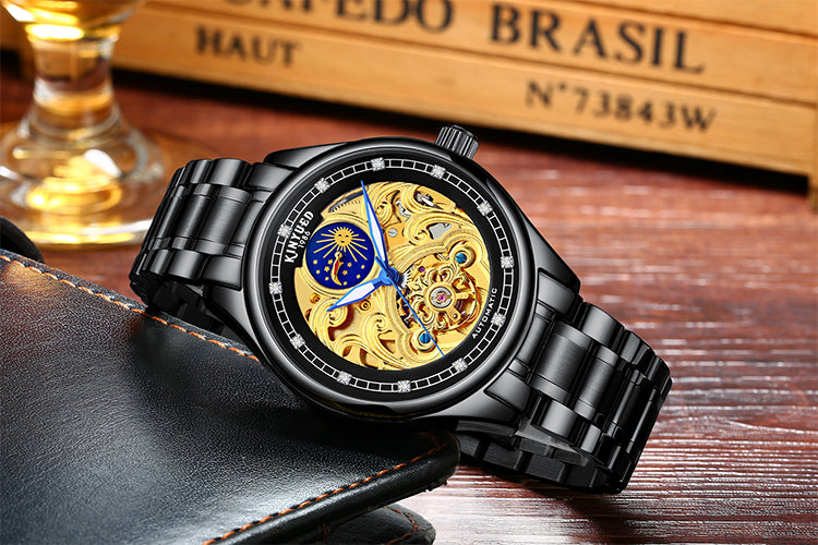 Automatic Vintage Royal Fashion Gold Skeleton Mechanical Watch for Men