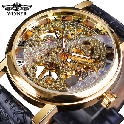 Luxury Transparent Golden Case Casual Design Brown Leather Mens Watche