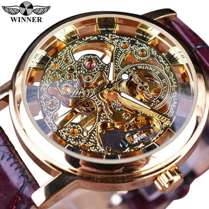 Luxury Transparent Golden Case Casual Design Brown Leather Mens Watche