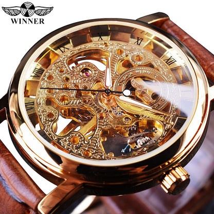 Luxury Transparent Golden Case Casual Design Brown Leather Mens Watche