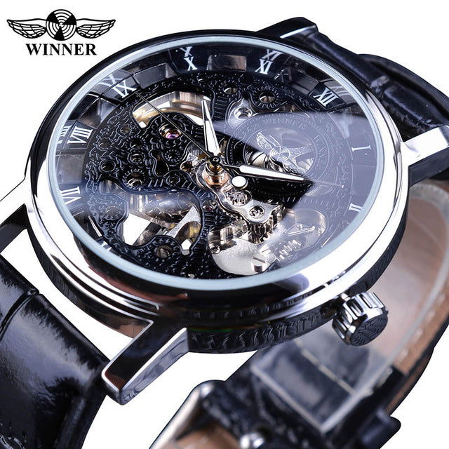 Luxury Transparent Golden Case Casual Design Brown Leather Mens Watche
