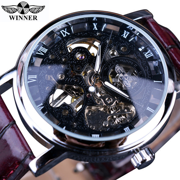 Luxury Transparent Golden Case Casual Design Brown Leather Mens Watche